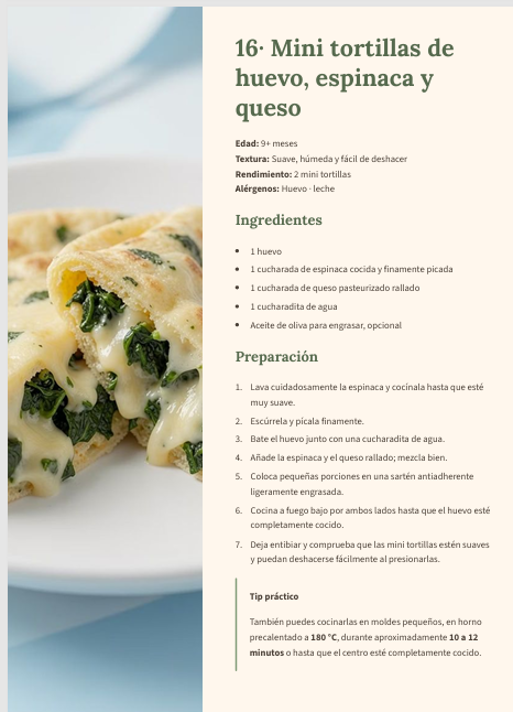 Receta del interior del recetario: Mini tortillas de huevo, espinaca y queso