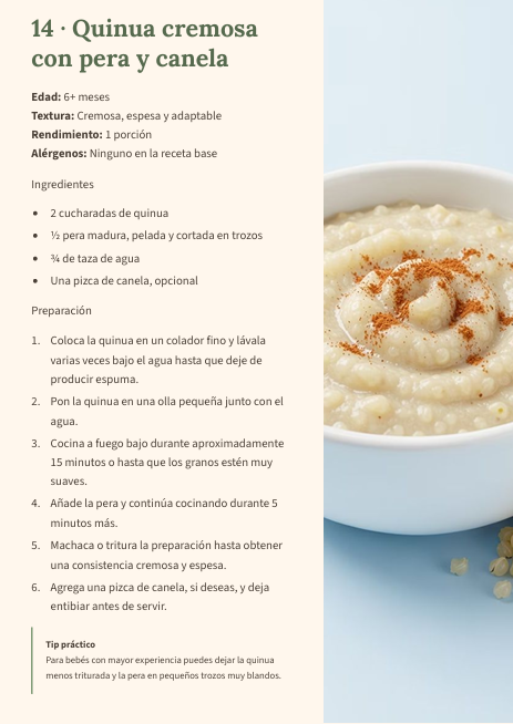 Receta del interior del recetario: Quinua cremosa con pera y canela
